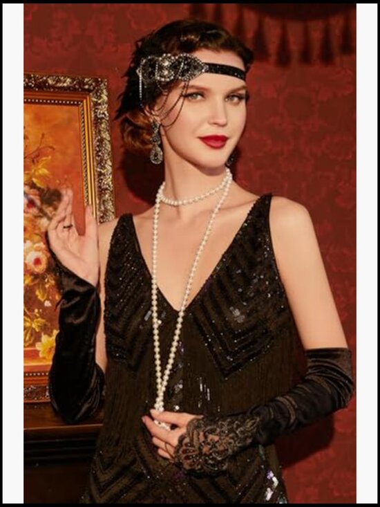 Flapper 1920s Accessory Set - Feather Headpiece Pearl Necklace Gloves Vintage main image 5